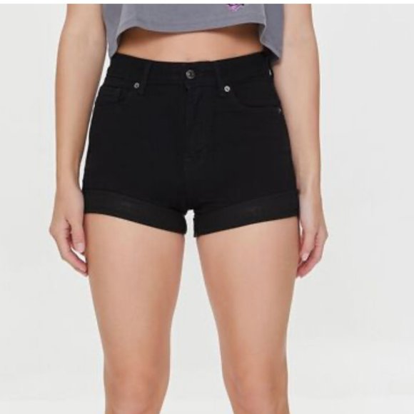 Forever 21 Pants - Forever 21 Curvy High-Rise Stretch Cuffed Hem 5-Pocket Black Denim Shorts- 25
